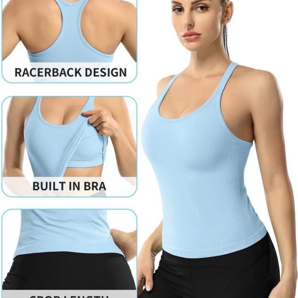 SHEIN Light Blue Ribbed Racerback Tank with Built-In Bra